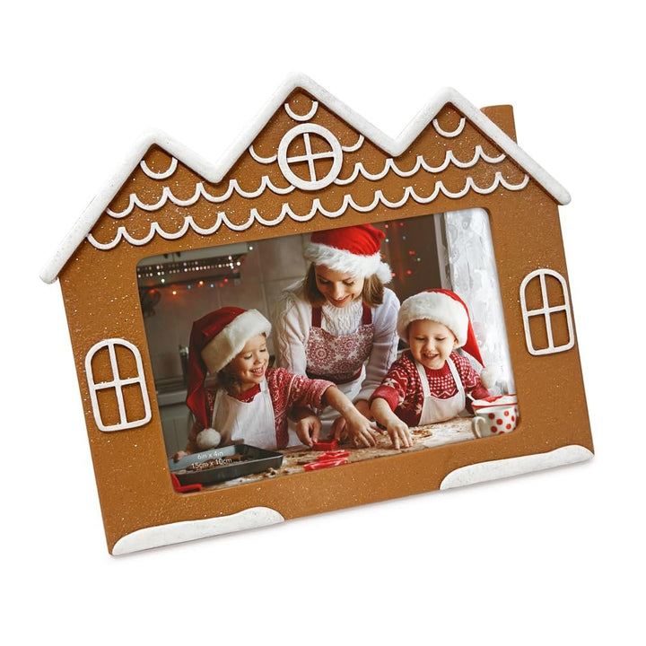 Isaac Jacobs Holiday‑Inspired Gingerbread House Picture Frame, Glitter Resin Picture Frame, Tabletop or Wall Display, Home Décor_