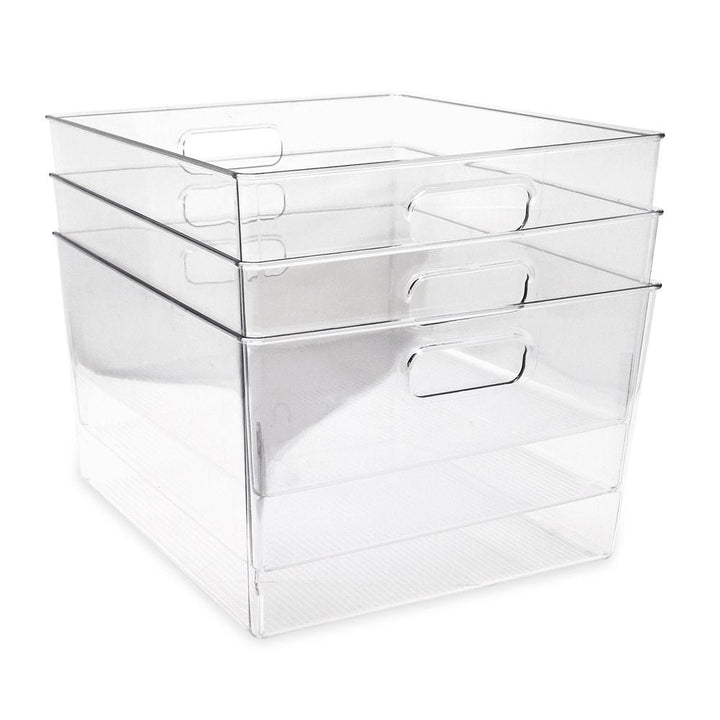 Isaac Jacobs 3-Pack Clear Storage Bins with Handles, Plastic Organizer for Home, Room, Office, Fridge, Kitchen/Pantry Non-Slip Container Set, Food Safe, BPA Free