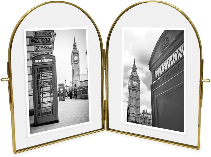 Isaac Jacobs Vintage Style, Double-Sided Arched Brass &amp; Glass Metal Floating Picture Frame with Locket Closure (Vertical), Made for Tabletop Display