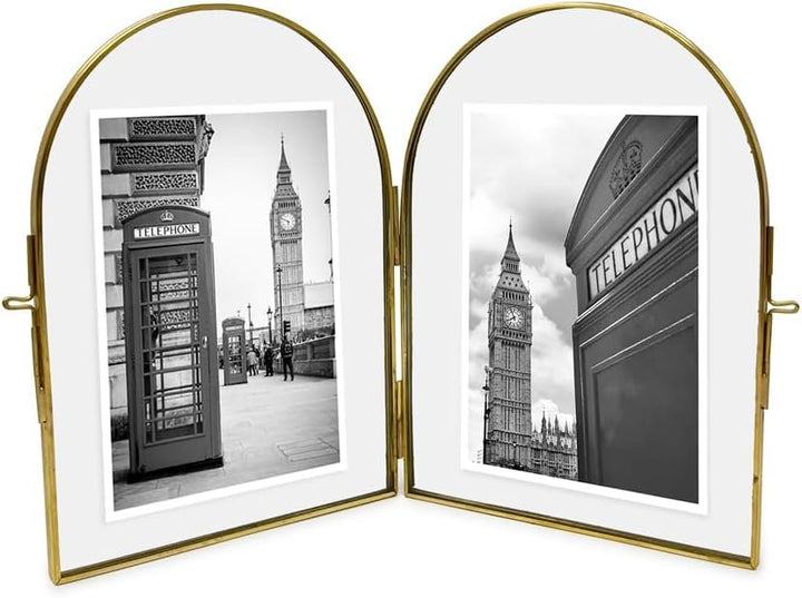 Isaac Jacobs Vintage Style, Double-Sided Arched Brass &amp; Glass Metal Floating Picture Frame with Locket Closure (Vertical), Made for Tabletop Display