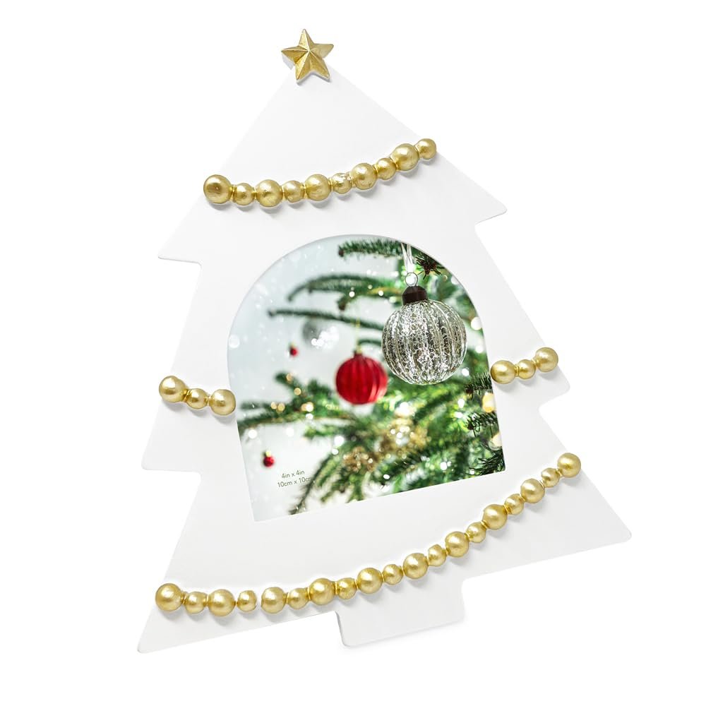 Isaac Jacobs 4x4 Holiday-Inspired Christmas Tree Picture Frame, Green with Gold Star, Tabletop and Wall Display, Home Décor, Resin Frame, Holidays (4x4, Green, with Arched Photo Window)