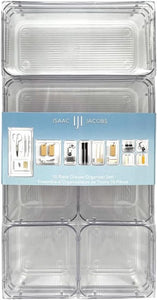 Isaac Jacobs Clear Drawer Organizer Set, Plastic Storage Bin, Multi-Use, Home, Office, Closet, Pantry, Bedroom, Bathroom, Kitchen