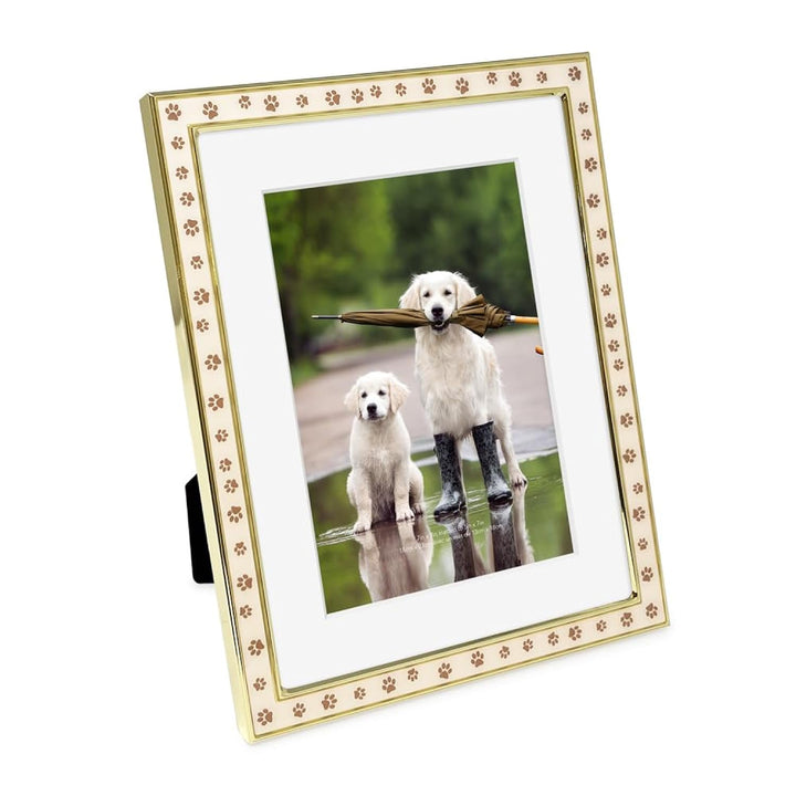 Isaac Jacobs Matted Gold Metal Enamel Frame with Brown Paw Print Design with Easel, for Countertop, Tabletop Display, Bookshelf, Desk, Wall Décor, Gold w/Brown)