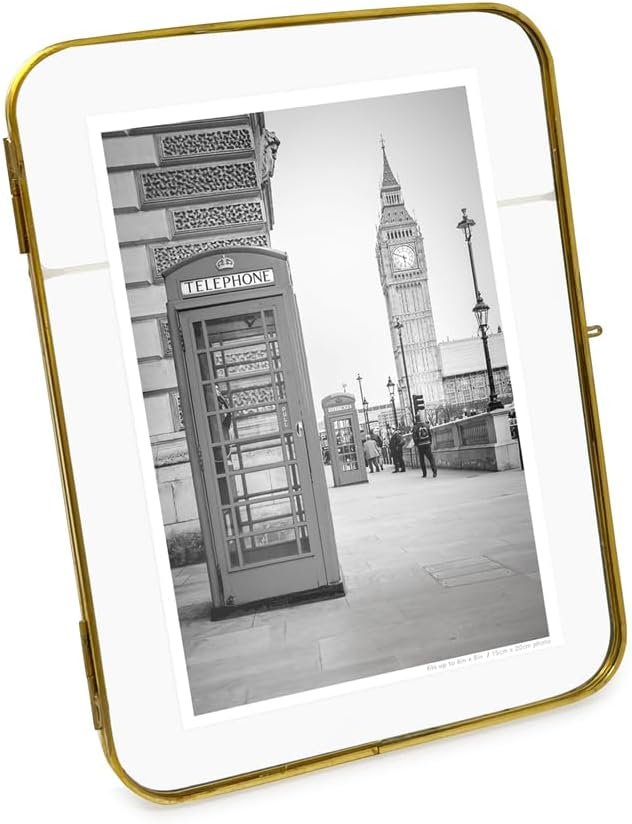 Isaac Jacobs Vintage Style, Round-Edged Brass &amp; Glass Metal Floating Picture Frame with Locket Closure (Horizontal), Made for Tabletop Display