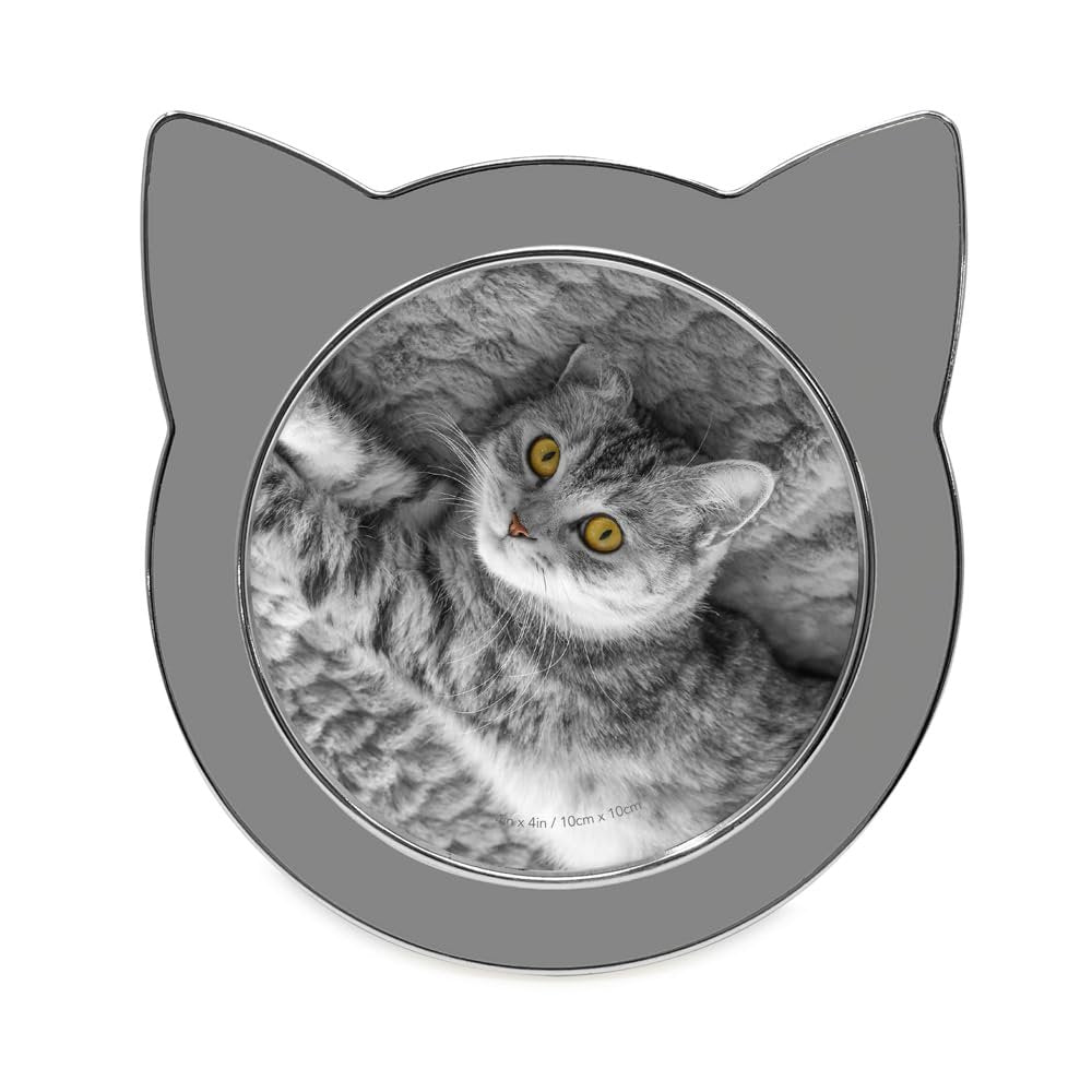 Isaac Jacobs 4x4 Gray with Silver Round Enamel Cat Picture Frame w/Ears - Tabletop, Home &amp; Office Décor, (4x4, Gray with Silver)