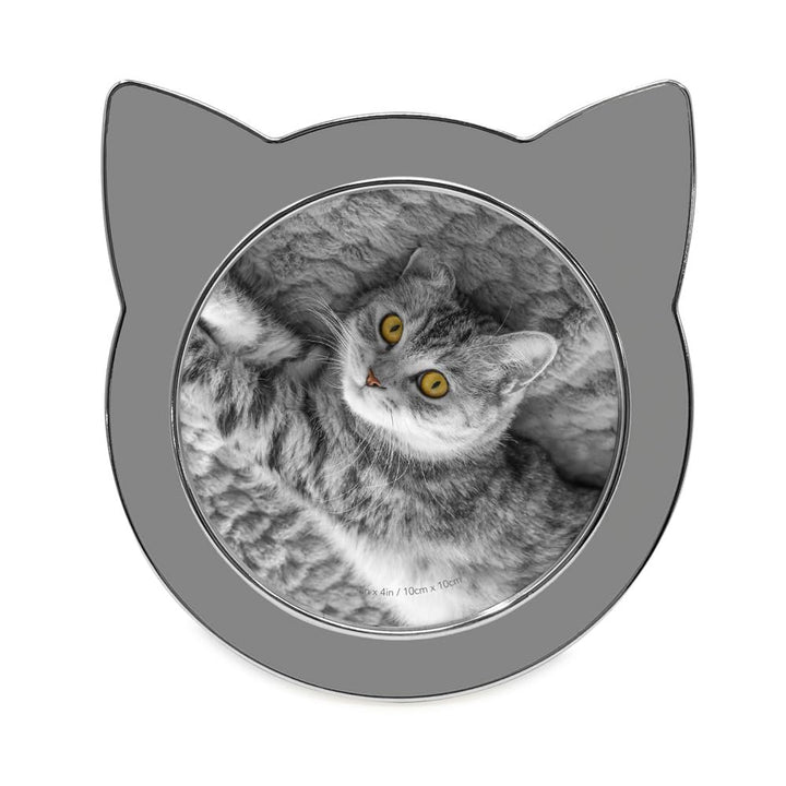 Isaac Jacobs 4x4 Gray with Silver Round Enamel Cat Picture Frame w/Ears - Tabletop, Home &amp; Office Décor, (4x4, Gray with Silver)