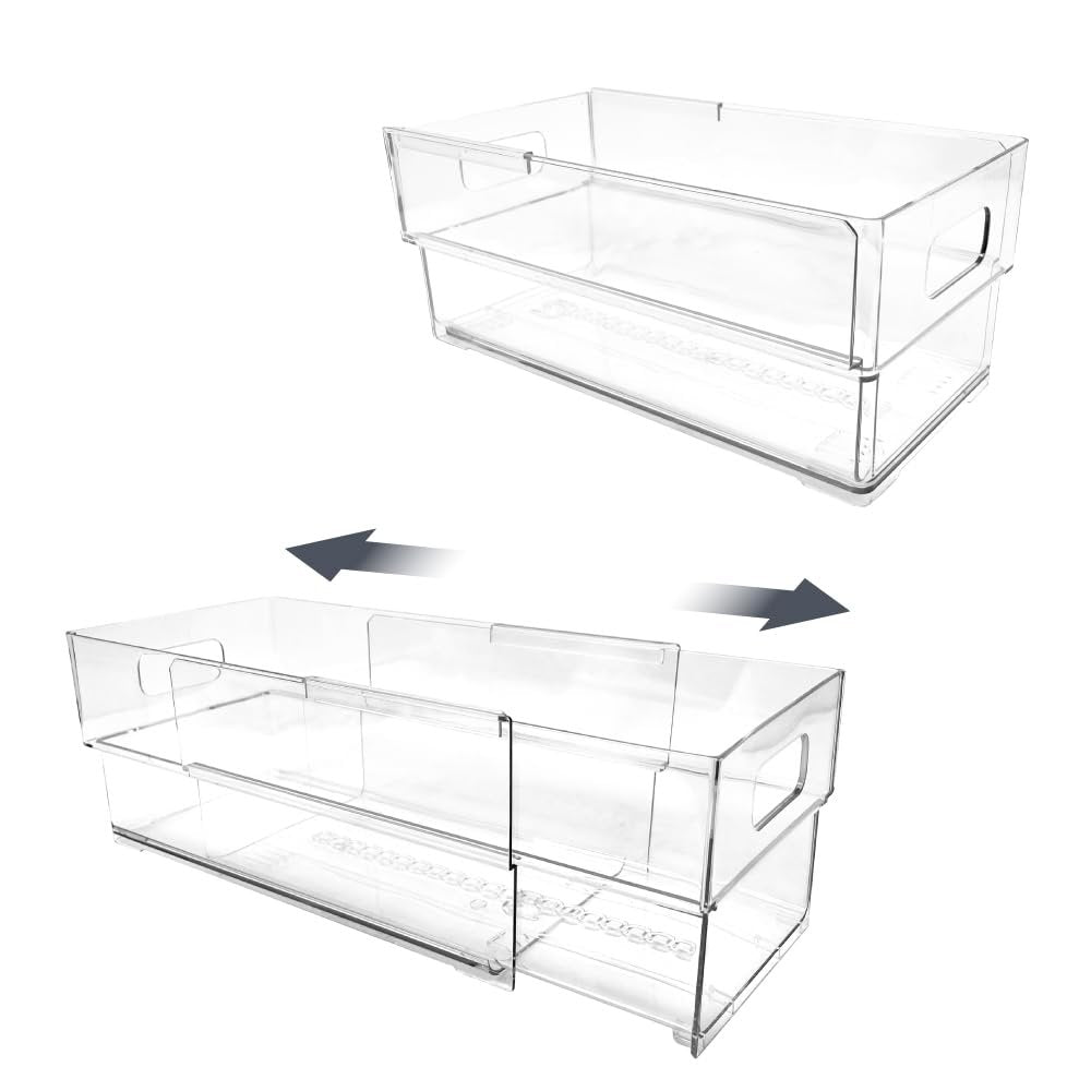 Isaac Jacobs 2-Pack Clear Expandable Storage Bins, Plastic Organizer with Cut-Out Handles, Adjustable Length from 11-19" for Home, Kitchen &amp; Office