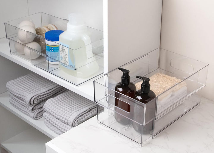 Isaac Jacobs 2-Pack Clear Expandable Storage Bins, Plastic Organizer with Cut-Out Handles, Adjustable Length from 11-19" for Home, Kitchen &amp; Office