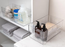 Isaac Jacobs 2-Pack Clear Expandable Storage Bins, Plastic Organizer with Cut-Out Handles, Adjustable Length from 11-19" for Home, Kitchen & Office