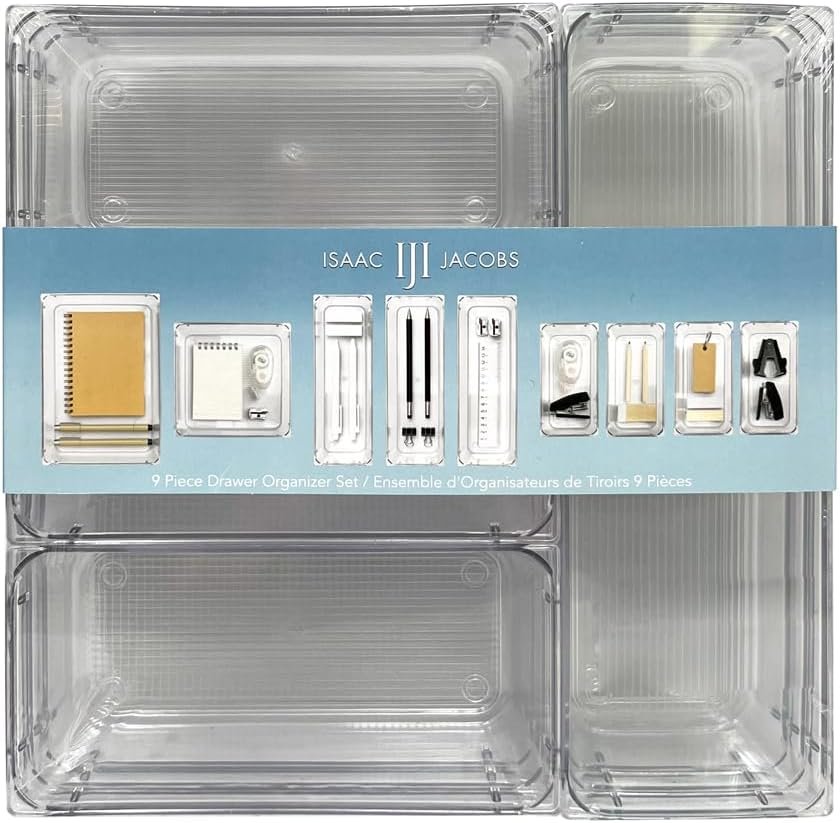 Isaac Jacobs Clear Drawer Organizer Set, Plastic Storage Bin, Multi-Use, Home, Office, Closet, Pantry, Bedroom, Bathroom, Kitchen