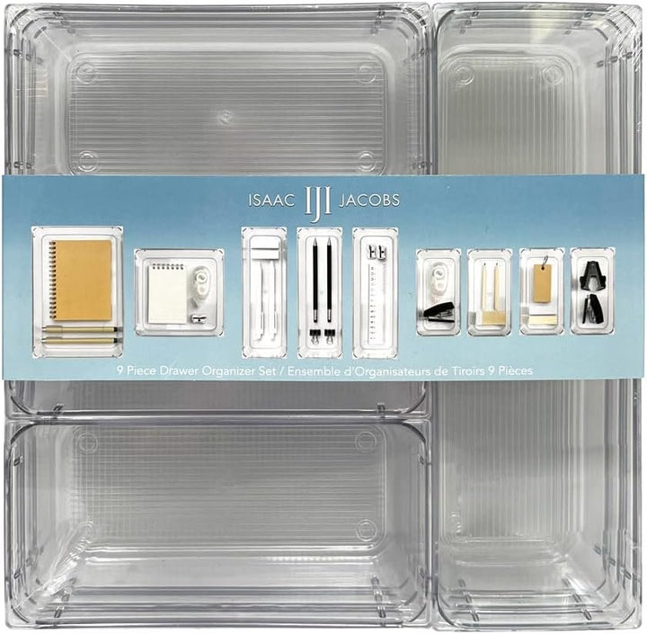 Isaac Jacobs Clear Drawer Organizer Set, Plastic Storage Bin, Multi-Use, Home, Office, Closet, Pantry, Bedroom, Bathroom, Kitchen