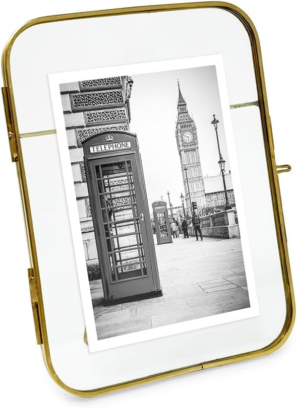 Isaac Jacobs Vintage Style, Round-Edged Brass &amp; Glass Metal Floating Picture Frame with Locket Closure (Horizontal), Made for Tabletop Display