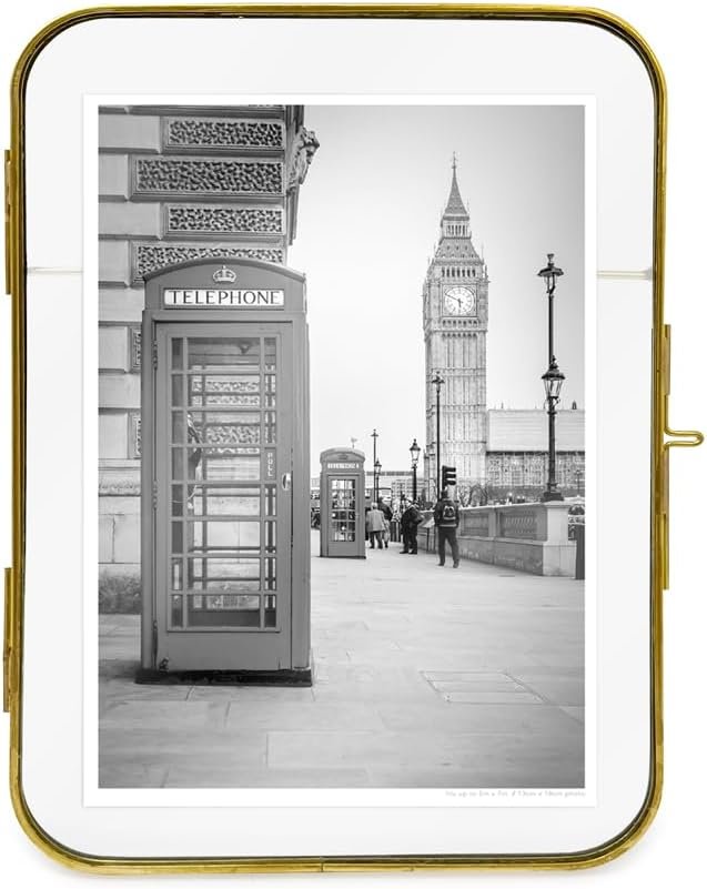 Isaac Jacobs Vintage Style, Round-Edged Brass &amp; Glass Metal Floating Picture Frame with Locket Closure (Horizontal), Made for Tabletop Display