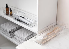 Isaac Jacobs 2-Pack Clear Expandable Storage Bins, Plastic Organizer with Cut-Out Handles, Adjustable Length from 11-19" for Home, Kitchen & Office