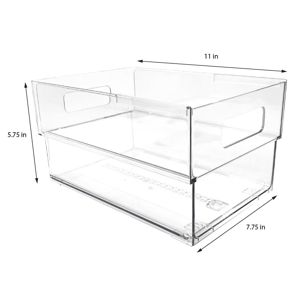 Isaac Jacobs 2-Pack Clear Expandable Storage Bins, Plastic Organizer with Cut-Out Handles, Adjustable Length from 11-19" for Home, Kitchen &amp; Office