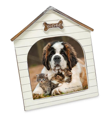Isaac Jacobs Resin Sentiments Woof Doghouse Frame, Vertical Keepsake Photo Frame with Easel and Hanging Tabs for Tabletop, Desktop & Wall Display