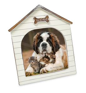 Isaac Jacobs Resin Sentiments Woof Doghouse Frame, Vertical Keepsake Photo Frame with Easel and Hanging Tabs for Tabletop, Desktop & Wall Display