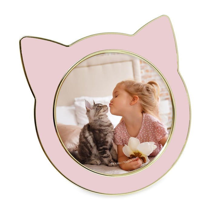 Isaac Jacobs 4x4 Gray with Silver Round Enamel Cat Picture Frame w/Ears - Tabletop, Home &amp; Office Décor, (4x4, Gray with Silver)