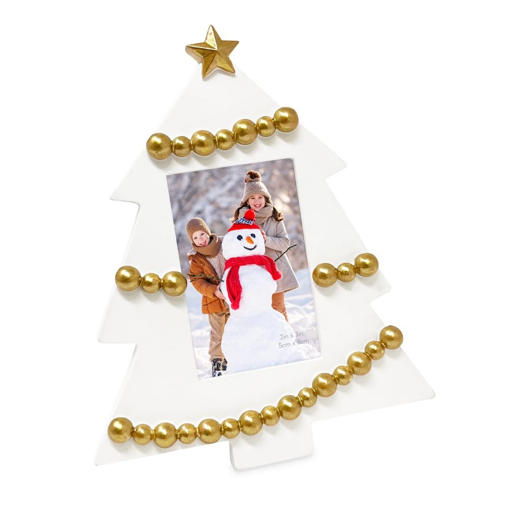 Isaac Jacobs 4x4 Holiday-Inspired Christmas Tree Picture Frame, Green with Gold Star, Tabletop and Wall Display, Home Décor, Resin Frame, Holidays (4x4, Green, with Arched Photo Window)