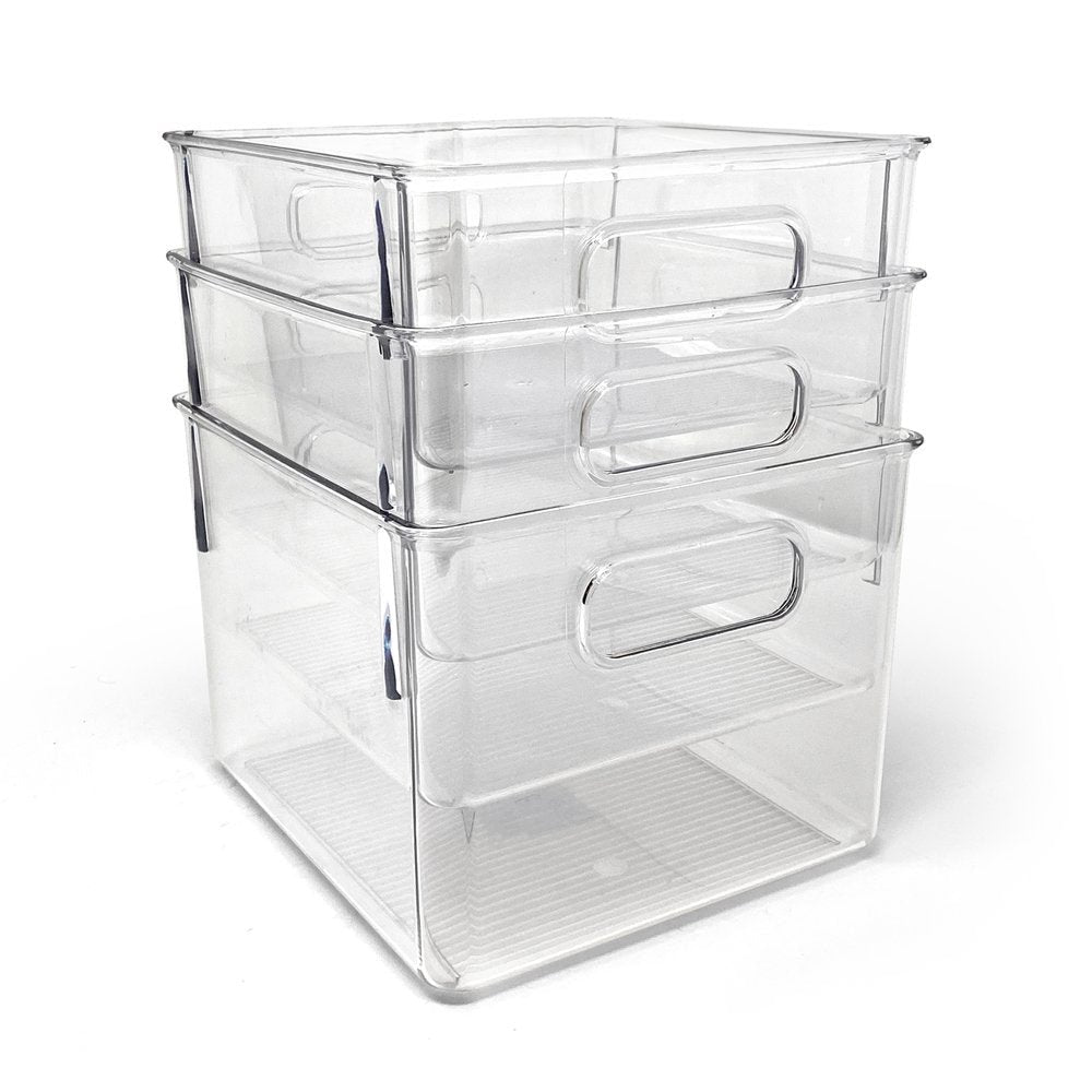 Isaac Jacobs 3-Pack Clear Storage Bins with Handles, Plastic Organizer for Home, Room, Office, Fridge, Kitchen/Pantry Non-Slip Container Set, Food Safe, BPA Free