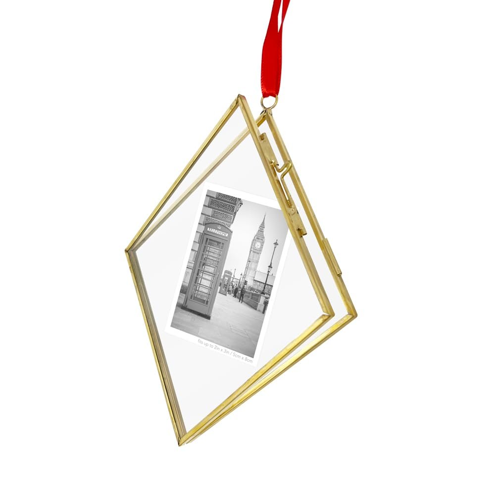 Isaac Jacobs (2"x3" Vintage Style Brass and Glass Diamond Ornament Frame with Locket Closure (Vertical) (Antique Gold), Metal Floating Frame, Made for Hanging