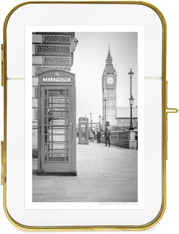 Isaac Jacobs Vintage Style, Round-Edged Brass &amp; Glass Metal Floating Picture Frame with Locket Closure (Horizontal), Made for Tabletop Display