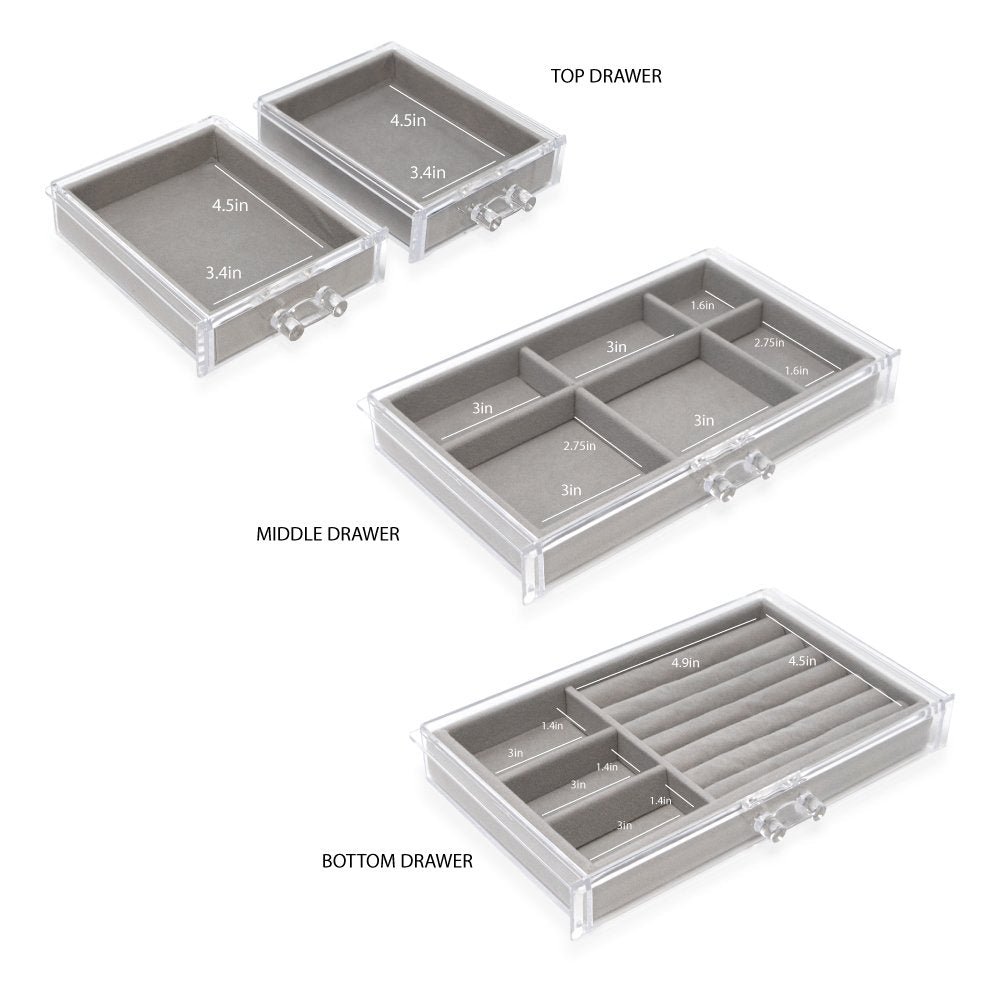 Isaac Jacobs Clear Acrylic 4-Drawer Jewelry Organizer (9.25” x 5.4” x 4.25”) w/ Velvet Lining, Stackable Storage Box For Rings, Necklaces, Bracelets, Earrings &amp; Watches, Tabletop Display Case