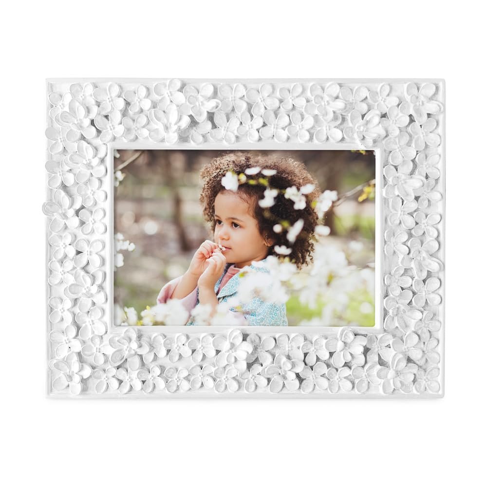 Isaac Jacobs Flower Textured Hand-Crafted Resin Picture Frame w/Easel &amp; Hook for Tabletop &amp; Wall Display, Decorative Floral Design Home Décor, Photo Gallery, Art_