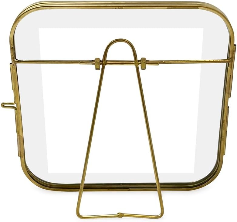 Isaac Jacobs Vintage Style, Round-Edged Brass &amp; Glass Metal Floating Picture Frame with Locket Closure (Horizontal), Made for Tabletop Display