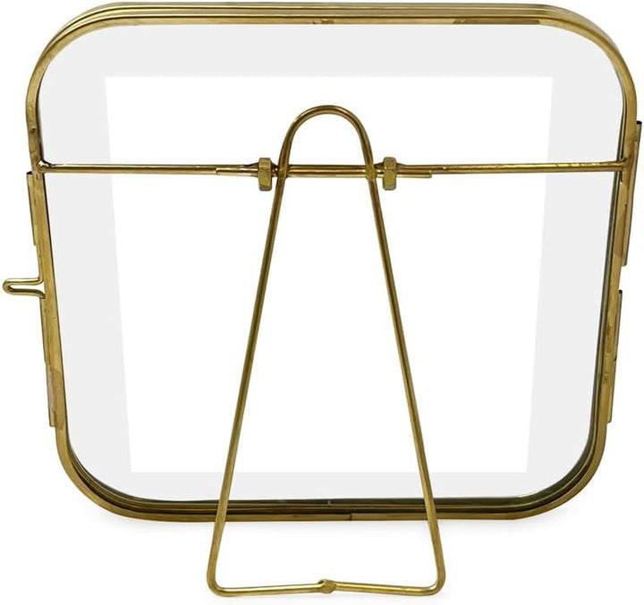 Isaac Jacobs Vintage Style, Round-Edged Brass &amp; Glass Metal Floating Picture Frame with Locket Closure (Horizontal), Made for Tabletop Display