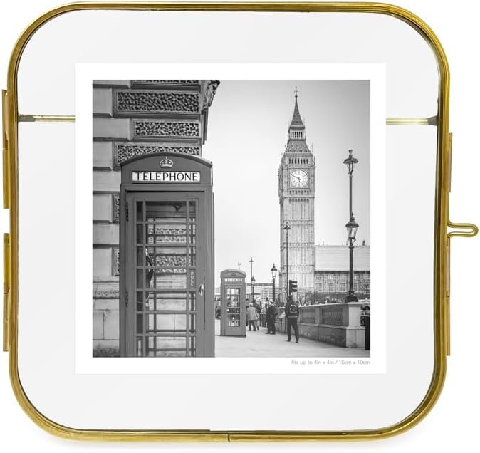Isaac Jacobs Vintage Style, Round-Edged Brass &amp; Glass Metal Floating Picture Frame with Locket Closure (Horizontal), Made for Tabletop Display