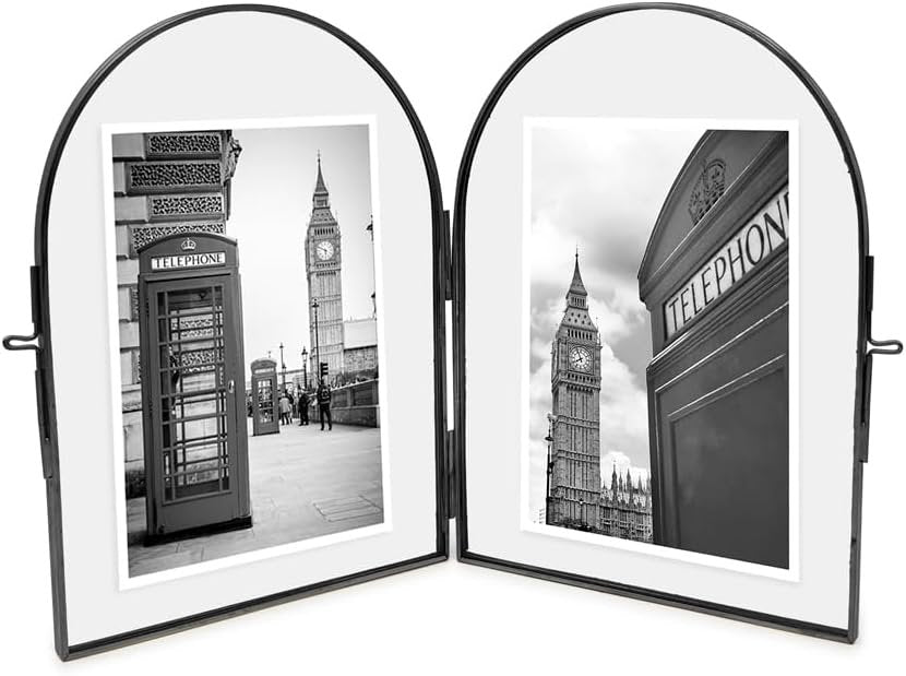 Isaac Jacobs Vintage Style, Double-Sided Arched Brass &amp; Glass Metal Floating Picture Frame with Locket Closure (Vertical), Made for Tabletop Display