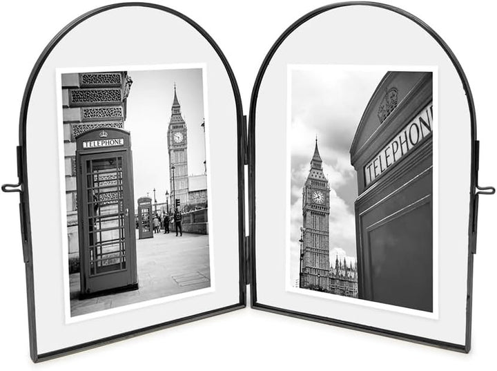Isaac Jacobs Vintage Style, Double-Sided Arched Brass &amp; Glass Metal Floating Picture Frame with Locket Closure (Vertical), Made for Tabletop Display