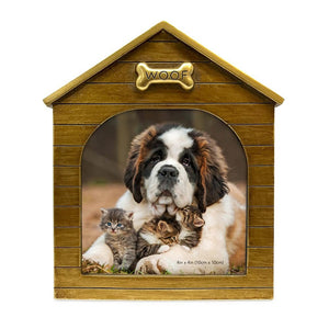 Isaac Jacobs Resin Sentiments Woof Doghouse Frame, Vertical Keepsake Photo Frame with Easel and Hanging Tabs for Tabletop, Desktop & Wall Display
