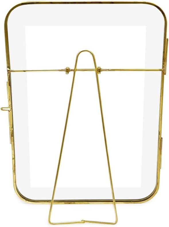 Isaac Jacobs Vintage Style, Round-Edged Brass &amp; Glass Metal Floating Picture Frame with Locket Closure (Horizontal), Made for Tabletop Display