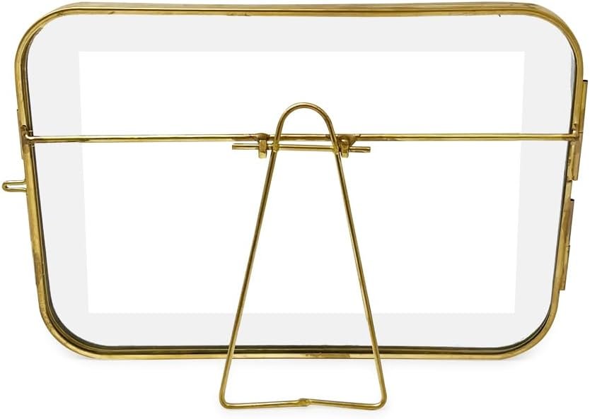 Isaac Jacobs Vintage Style, Round-Edged Brass &amp; Glass Metal Floating Picture Frame with Locket Closure (Horizontal), Made for Tabletop Display
