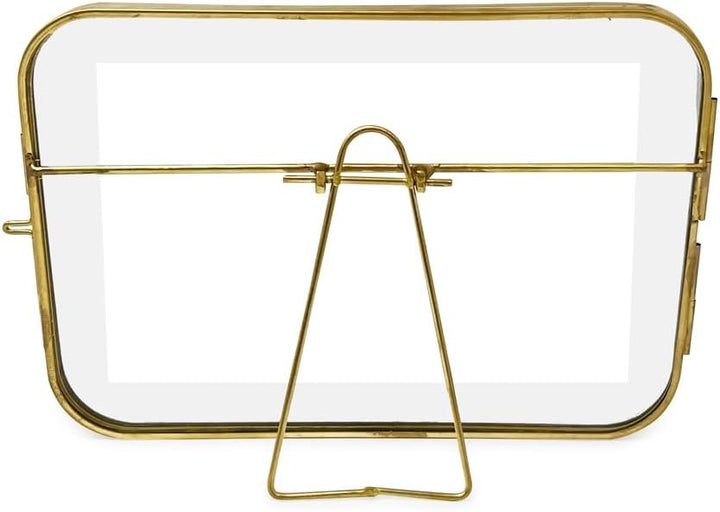 Isaac Jacobs Vintage Style, Round-Edged Brass &amp; Glass Metal Floating Picture Frame with Locket Closure (Horizontal), Made for Tabletop Display