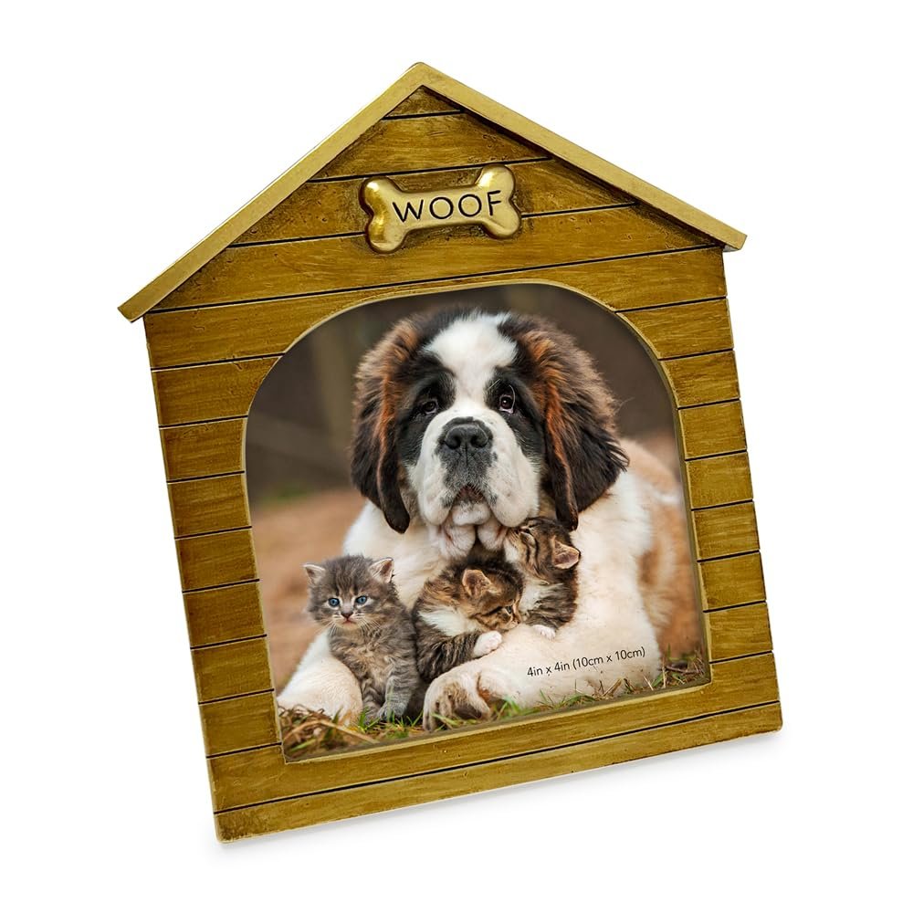 Isaac Jacobs Resin Sentiments Woof Doghouse Frame, Vertical Keepsake Photo Frame with Easel and Hanging Tabs for Tabletop, Desktop & Wall Display_#color_gold