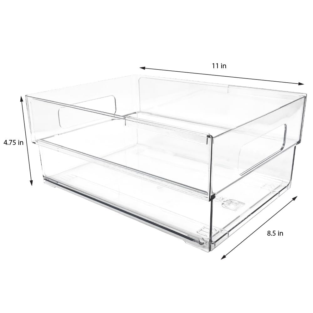 Isaac Jacobs 2-Pack Clear Expandable Storage Bins, Plastic Organizer with Cut-Out Handles, Adjustable Length from 11-19" for Home, Kitchen &amp; Office