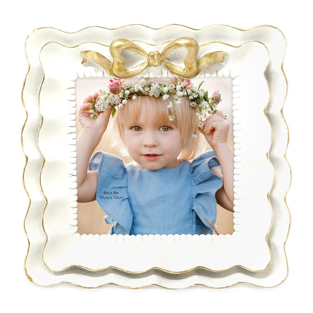 Isaac Jacobs 2x3 Blush With White Resin Picture Frame, Layered Double Ruffle Wave Design with Bow, Tabletop &amp; Wall Display Photo Frame, Home Décor, Art, Photo Gallery (2x3, Blush With White)