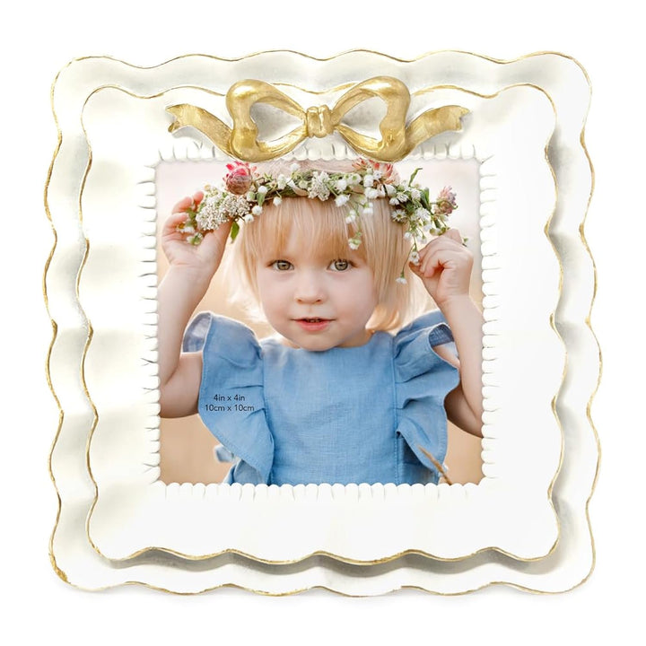 Isaac Jacobs 2x3 Blush With White Resin Picture Frame, Layered Double Ruffle Wave Design with Bow, Tabletop &amp; Wall Display Photo Frame, Home Décor, Art, Photo Gallery (2x3, Blush With White)