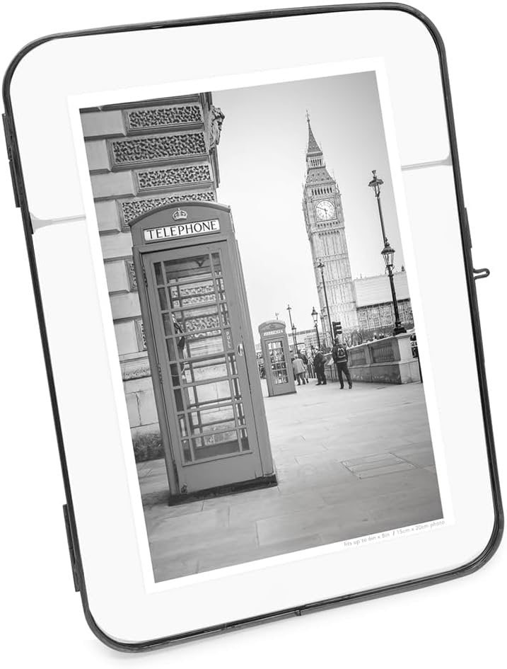 Isaac Jacobs Vintage Style, Round-Edged Brass &amp; Glass Metal Floating Picture Frame with Locket Closure (Horizontal), Made for Tabletop Display