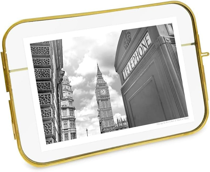 Isaac Jacobs Vintage Style, Round-Edged Brass &amp; Glass Metal Floating Picture Frame with Locket Closure (Horizontal), Made for Tabletop Display