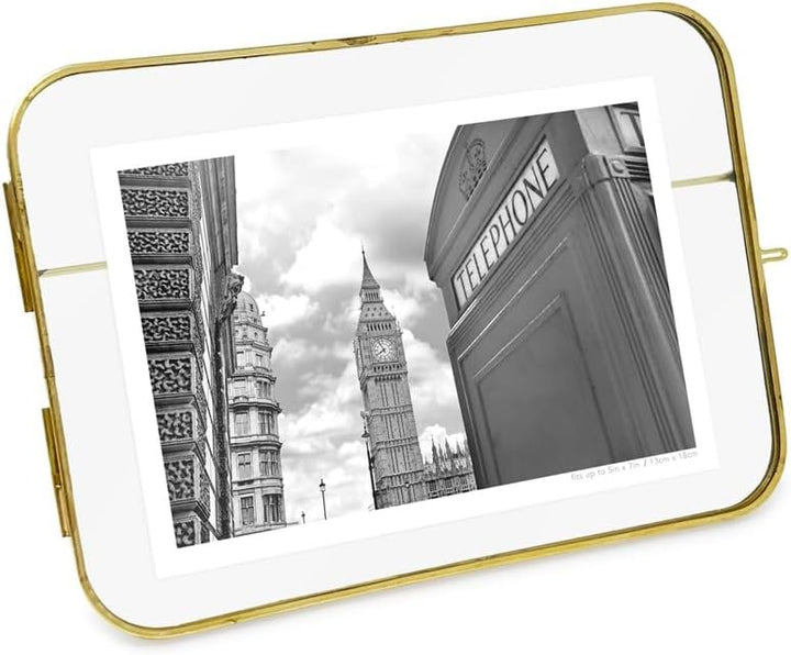 Isaac Jacobs Vintage Style, Round-Edged Brass &amp; Glass Metal Floating Picture Frame with Locket Closure (Horizontal), Made for Tabletop Display