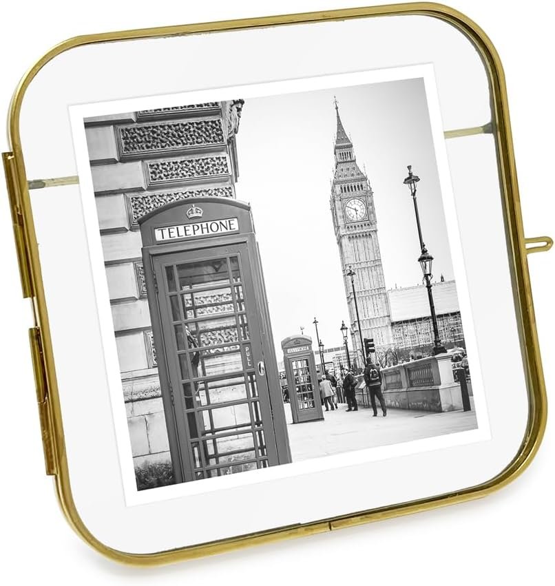 Isaac Jacobs Vintage Style, Round-Edged Brass &amp; Glass Metal Floating Picture Frame with Locket Closure (Horizontal), Made for Tabletop Display