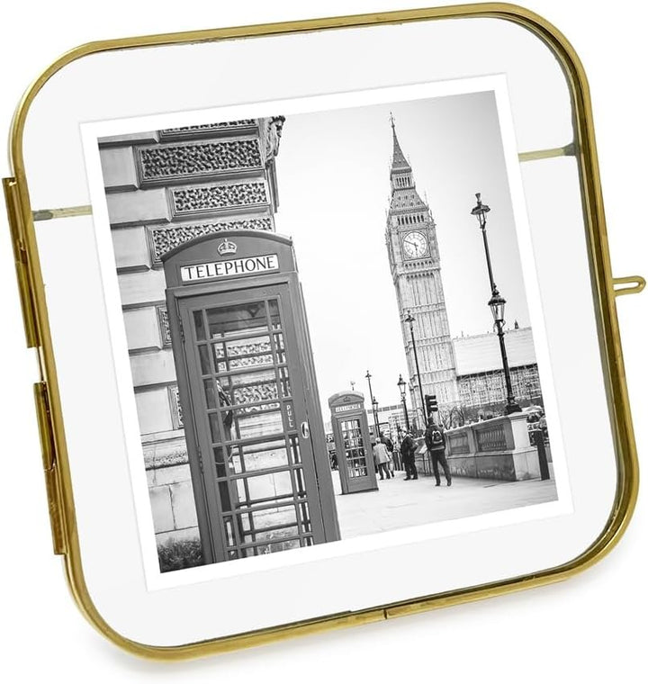 Isaac Jacobs Vintage Style, Round-Edged Brass &amp; Glass Metal Floating Picture Frame with Locket Closure (Horizontal), Made for Tabletop Display