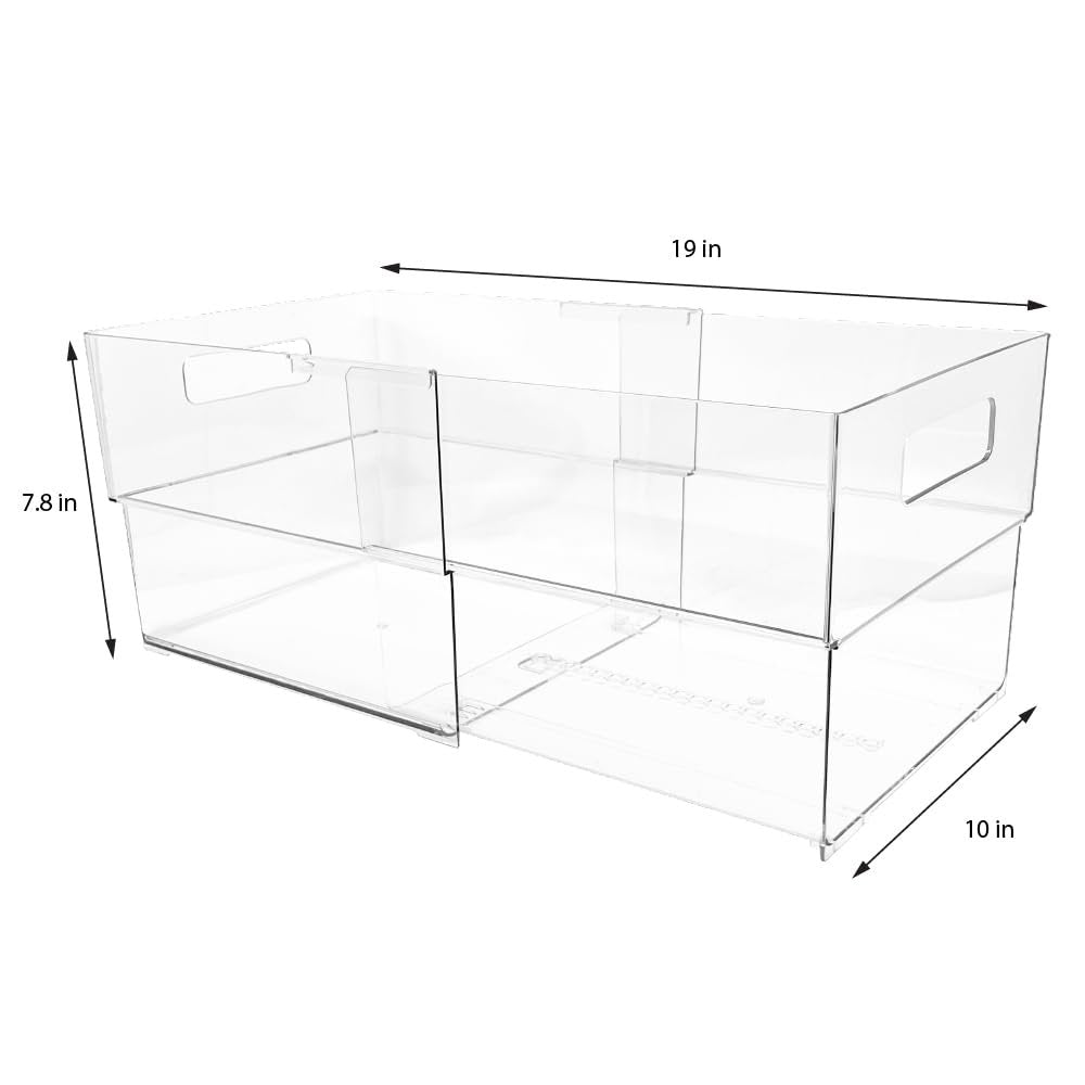 Isaac Jacobs 2-Pack Clear Expandable Storage Bins, Plastic Organizer with Cut-Out Handles, Adjustable Length from 11-19" for Home, Kitchen &amp; Office