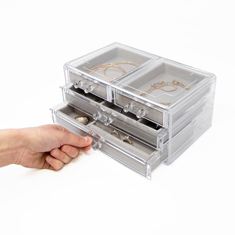 Isaac Jacobs Clear Acrylic 4-Drawer Jewelry Organizer (9.25” x 5.4” x 4.25”) w/ Velvet Lining, Stackable Storage Box For Rings, Necklaces, Bracelets, Earrings &amp; Watches, Tabletop Display Case