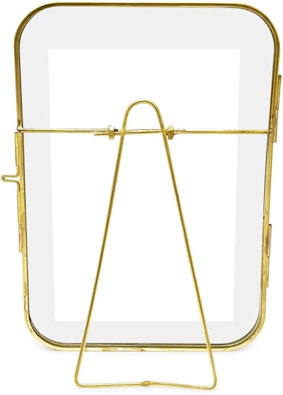 Isaac Jacobs Vintage Style, Round-Edged Brass &amp; Glass Metal Floating Picture Frame with Locket Closure (Horizontal), Made for Tabletop Display