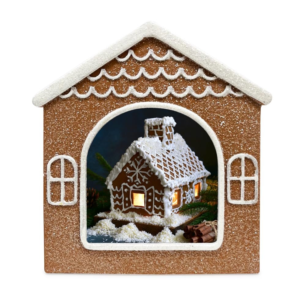 Isaac Jacobs Holiday‑Inspired Gingerbread House Picture Frame, Glitter Resin Picture Frame, Tabletop or Wall Display, Home Décor_